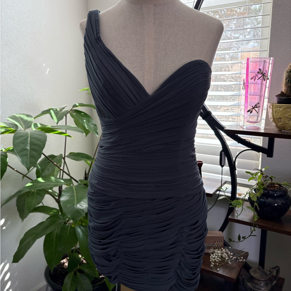 La Femme One-Shoulder Charcoal Grey Short Dress